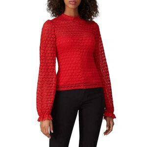 Nightcap Clothing Beaux Blouse XS Red Lace Polka Dot High Neck Long Sleeve Sheer